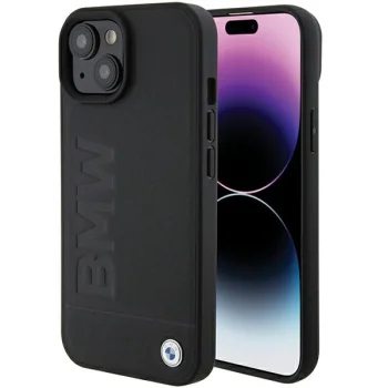 BMW iPhone 15 vāciņš Leather Hot Stamp, melns