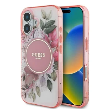 Guess iPhone 16 vāciņš IML Flower & Tonal Circle MagSafe, rozā