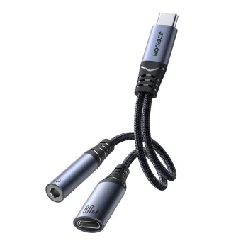 Joyroom SY-C02 2-in-1 USB-C uz USB-C un 3.5mm audio adapteris, melns