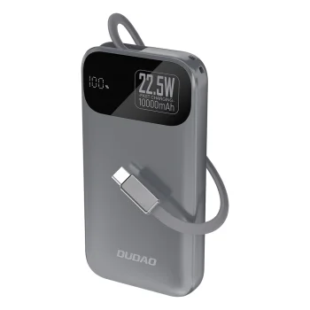 Dudao K31 10000 mAh 22.5W PD ārējais akumulators ar iebūvētu vadu, pelēks