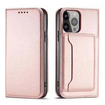 Magnet Card Case for iPhone 14 Pro Max Wallet Flip Cover with Stand, Pink