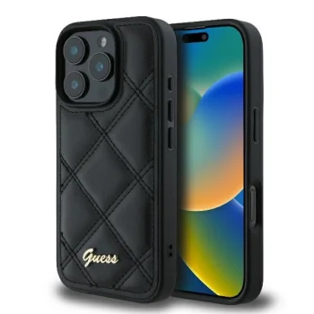 Guess Quilted Metal Logo vāciņš iPhone 16 Pro Max, melns
