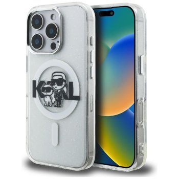 Karl Lagerfeld IML Glitter Karl & Choupette MagSafe vāciņš iPhone 16 Pro Max, Caurspīdīgs