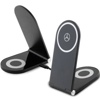 Mercedes Silver Stars MagSafe salokāms 2in1 15W bezvadu lādētājs, melns
