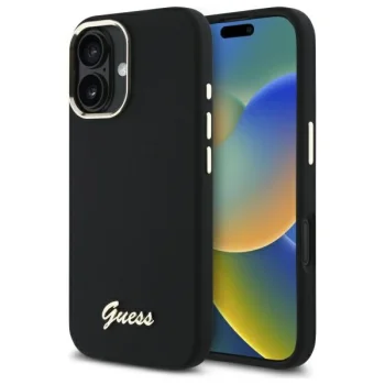 Vāciņš Guess Silicone Script Metal Logo & Frame iPhone 16 Plus, melns