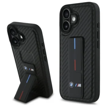 BMW iPhone 16 vāciņš M Grip Stand Smooth and Carbon, melns