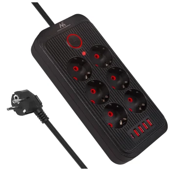 Сетевой фильтр Maclean MCE391 B, 6 розеток, 4x USB-A, 1x USB-C, 2500W, 3м, Черный