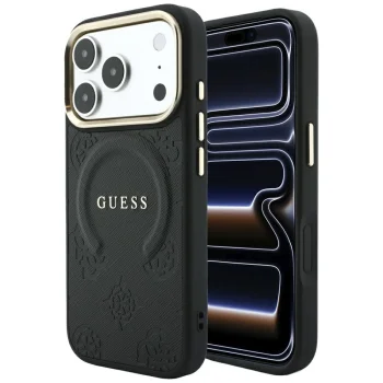 Guess Saffiano Peony & Ring MagSafe Case for iPhone 17 Pro Max / 18 Pro Max, Black