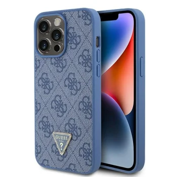 Guess Leather 4G Triangle Strass vāciņš iPhone 15 Pro Max, zils