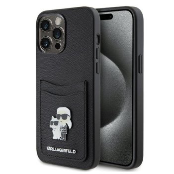 Apple iPhone 15 Pro Max 6.7'' Karl Lagerfeld Saffiano Cardslot KC Metal Pin Case Cover (KLHCP15XSAPKCNPK), Black |...