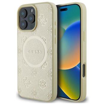 Guess Saffiano Peony Classic Logo MagSafe iPhone 16 Pro Max Case - Gold