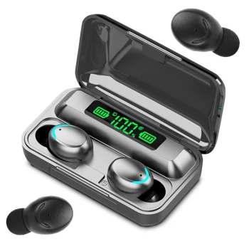 Bezvadu austiņas F9-5 TWS Bluetooth 5.0 ar uzlādes futrāli-powerbank, melnas