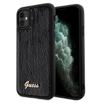 Guess iPhone 11 / XR vāciņš Sequin Script Metal, melns