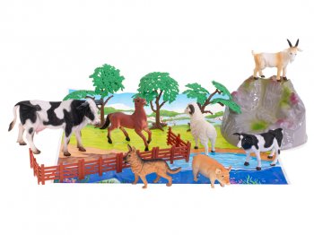 Rotaļlietu komplekts, 7gab lauku dzīvnieki + paklājiņš un aksesuāri | Educational Set