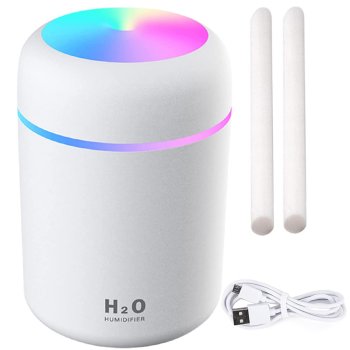Mini gaisa mitrinātājs un aromadifuzors ar USB un RGB apgaismojumu, 300 ml, balts
