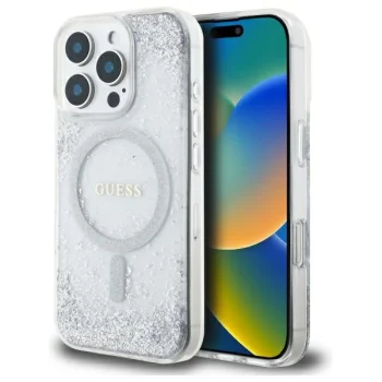 Guess Resin Gradient Glitter MagSafe vāciņš iPhone 16 Pro, sudraba