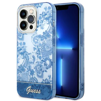 Guess Porcelain Collection vāciņš iPhone 14 Pro zilā krāsā