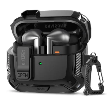 Austiņu maciņš Tech-Protect Samsung Galaxy Buds 3 / 3 FE / 3 Pro ar karabīni, melns