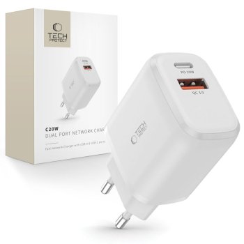 Сетевое зарядное устройство Tech-Protect C20W USB-C PD 20W / USB-A QC 3.0 - белое