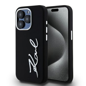 Karl Lagerfeld iPhone 15 Pro vāciņš Silicone Metal Script Logo, melns