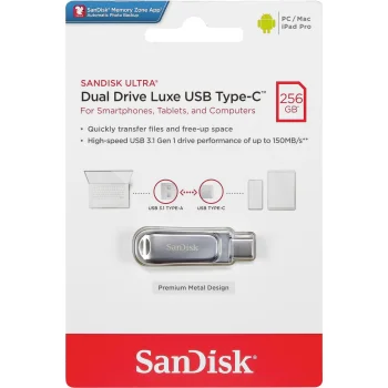 SanDisk Ultra Dual Drive Luxe 256 GB USB-A ja USB-C mälupulk, hõbedane