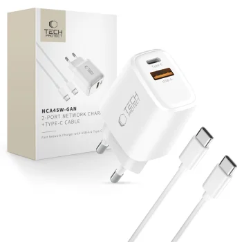 Tech-Protect NCA45W-GAN 45W 2 portu lādētājs ar USB-C kabeli, balts