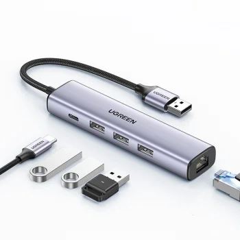 Ugreen CM475 USB 3.0 centrmezgls ar RJ-45 un USB-C PD, pelēks