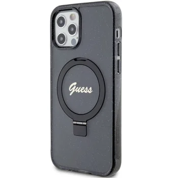 Чехол Guess для iPhone 12 / 12 Pro Ring Stand Script Glitter MagSafe, черный