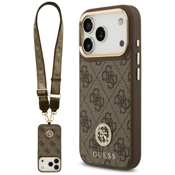 Чехол Guess 4G Strass Logo & Big Strap Metal Buttons MagSafe для iPhone 17 Pro, Коричневый