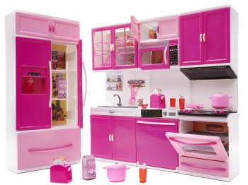 Bērnu Spēļu Leļļu Virtuve ar Mēbelēm Piederumiem un LED Apgaismojumu 4 Segmenti| Play Dollhouse Kitchen with...