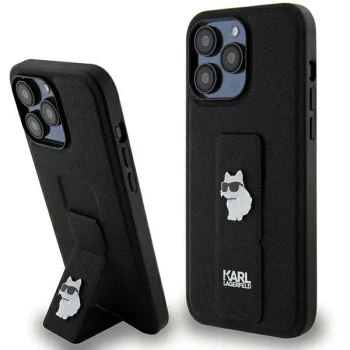 Karl Lagerfeld iPhone 13 Pro Max vāciņš Gripstand Saffiano Choupette Pin, melns