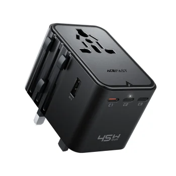 Дорожный адаптер Acefast Z8 GaN 45W с розеткой AC 2500W, 3x USB-C, 2x USB-A, черный