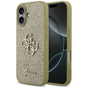 Чехол Guess для iPhone 17 Fixed Glitter Big 4G, золотистый