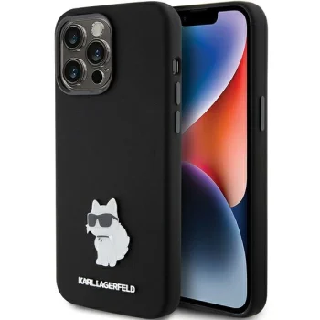 Чехол Karl Lagerfeld для iPhone 15 Pro Silicone Choupette Metal Pin, черный