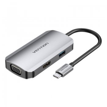 USB-C dokstacija ar HDMI, VGA, USB 3.0, PD 0,15 m Vention TOAHB, pelēka krāsā | Docking Station to 0.15m gray