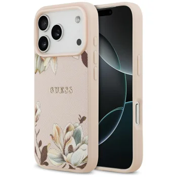 Guess Grained Flowers Classic Logo MagSafe vāciņš iPhone 17 Pro - Rozā | Phone Case Cover Pink