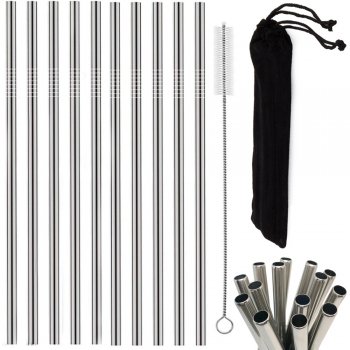 A set of 10 Reusable Eco-Friendly Metal Drinking Straws with Cleaning Brush and Pouch, Silver