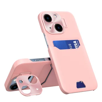 Vāciņš iPhone 14 Plus ar karšu kabatu un statīvu, rozā