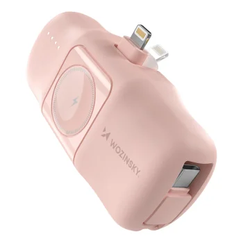 Wozinsky WF16-YLS 5000mAh 15W Lightning Mini Power Bank ar iebūvētu USB-C kabeli un Apple Watch lādētāju - Rozā |...