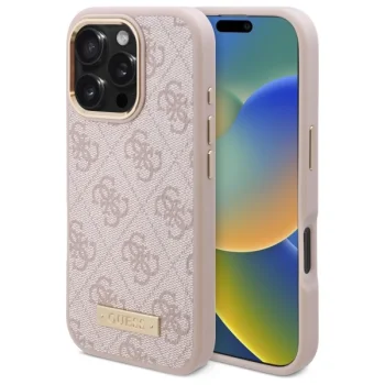 Guess iPhone 16 Pro Max vāciņš 4G Logo Plate MagSafe, rozā