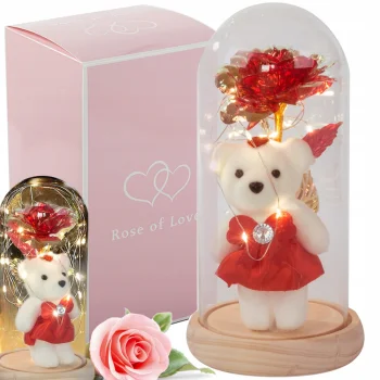 Mūžīgā roze ar LED gaismu un rotaļlietu lācīti, sieviešu dienas dāvana | Glowing Everlasting Rose Women's Day...