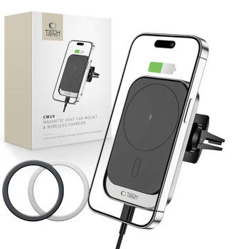 Tech-Protect CW19 MagSafe magnētiskais auto turētājs ar 15 W induktīvo lādētāju ventilācijas režģim – melns