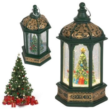 Christmas LED Lantern with Glitter Tree Decoration, Green