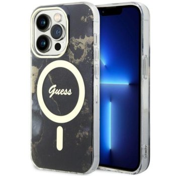 Guess iPhone 14 Pro vāciņš Golden Marble MagSafe, melns