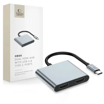 Tech-Protect HB08 4in1 USB-C to 2x HDMI, USB-A, USB-C PD 100W Adapter - Gray