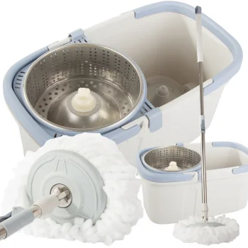 360° Spin Mop and Bucket Set with 2 Microfiber Pads, Ecru