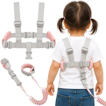 Child Safety Harness with Spiral Leash and Wristband, Grey/Pink