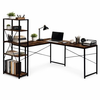 ModernHome L-Shaped Corner Desk with 4 Shelves Industrial Computer Desk, distressed walnut