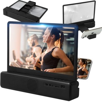 Telefona ekrāna palielinātājs ar Bluetooth skaļruni un statīvu, melns