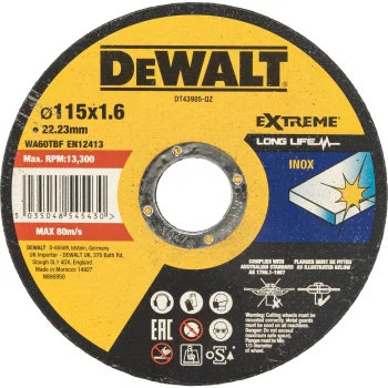 Griešanas disks DeWalt DT43905-QZ INOX metālam, 115 x 1.6 x 22,23 mm
